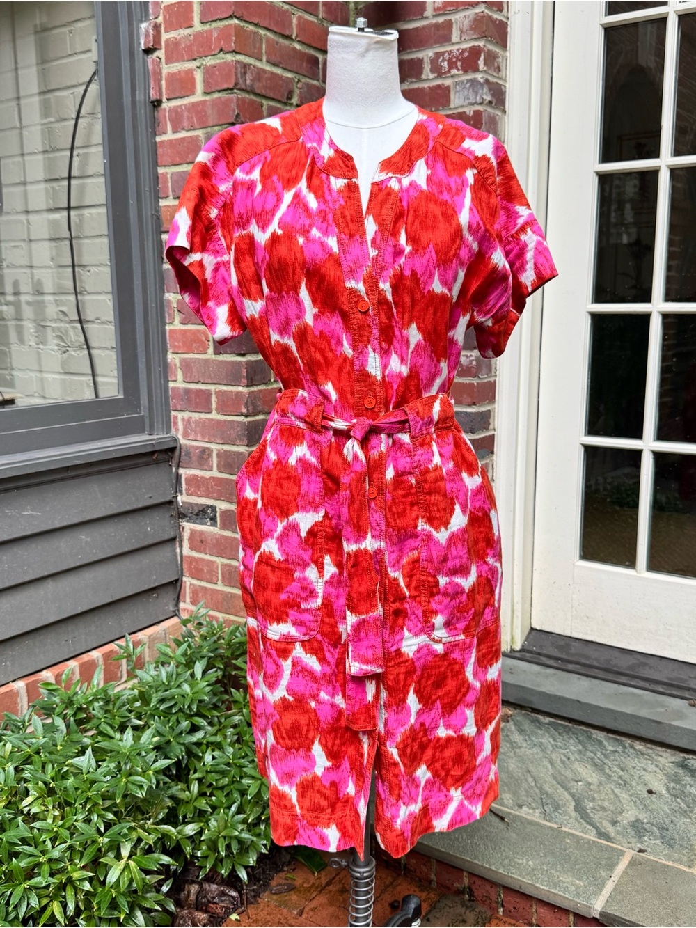 Bold Red & Pink Belted Shirt Dress